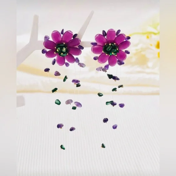 Vibrant Purple and Green Floral Beaded Earrings - Picture 2 of 4